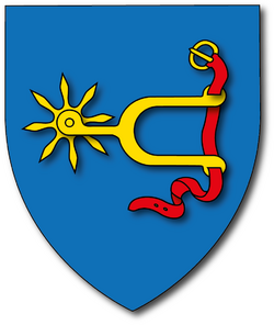 Blason d’azur à l’étrillé d’or, sanglé de gueules à la boucle d’or